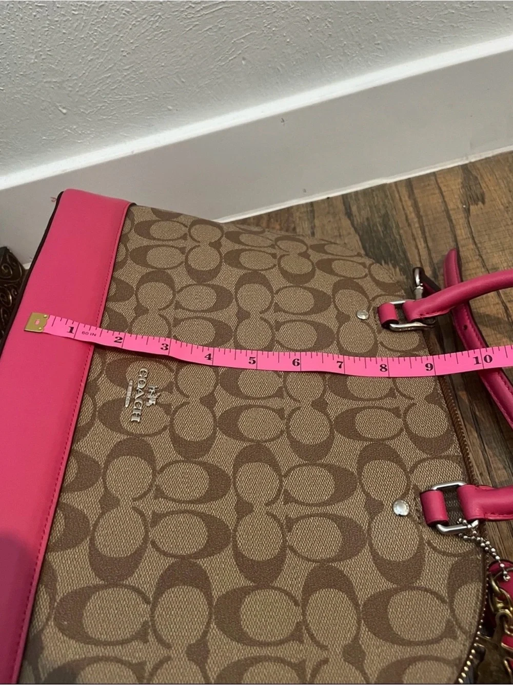 Coach Brown Signature Dome Satchel with Pink Trim and Matching Pink Wallet